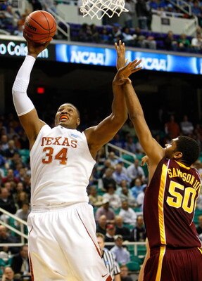 GREENSBORO, NC - MARCH 19:  Dexter Pittman #34 of the Texas Longhorns shoots against Ralph Sampson III #50 of the Minnesota Golden Gophers during the first round of the NCAA Division I Men's Basketball Tournament at the Greensboro Coliseum on March 19, 20