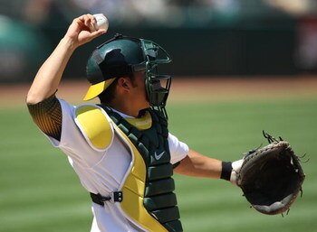 OAKLAND, CA - MAY 07:  Kurt Suzuki #8 of the Oakland Athletics catches against the Texas Rangers during a Major League Baseball game on May 7, 2009 at the Oakland Coliseum in Oakland, California.  (Photo by Jed Jacobsohn/Getty Images)