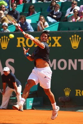 MONTE CARLO, MONACO - APRIL 17:  Fernando Verdasco of Spain in action during his third round match against Novak Djokovic of Serbia on day five of the ATP Masters Series at the Monte Carlo Country Club on April 17, 2009 in Monte Carlo,Monaco.  (Photo by M