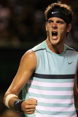 KEY BISCAYNE, FL - APRIL 03:  Juan Martin Del Potro of Argentina  reacts after winning the second set against Andy Murray of Great Britain during the men's semifinal of the Sony Ericsson Open at the Crandon Park Tennis Center on April 3, 2009 in Key Bisca
