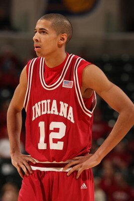 INDIANAPOLIS - MARCH 12:  Verdell Jones III #12 of the Indiana Hoosiers looks on against the Penn State Nittany Lions during the first round of the Big Ten Men's Basketball Tournament at Conseco Fieldhouse on March 12, 2009 in Indianapolis, Indiana.  (Pho