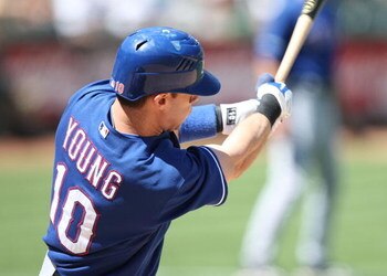 OAKLAND, CA - MAY 07:  Michael Young #10 of the Texas Rangers bats against the Oakland Athletics during a Major League Baseball game on May 7, 2009 at the Oakland Coliseum in Oakland, California.  (Photo by Jed Jacobsohn/Getty Images)