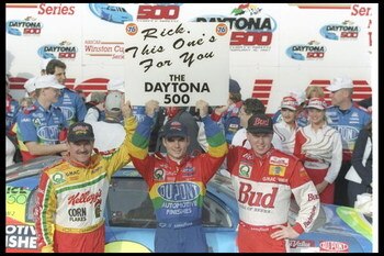 16 Feb 1997:  The three drivers of Hendrick Motorsports, Jeff Gordon (center), Terry Labonte (left), and Ricky Craven celebrate after finishing 1-2-3 in the NASCAR Daytona 500 at Daytona International Speedway in Daytona Beach, Florida. Mandatory Credit: