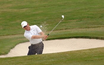 UNITED STATES - MAY 29:  Justin Leonard hits from a bunker on the 7th hole during the Final Round of The Fedex St. Jude Classic at TPC @ Southwind in Memphis, Tennessee on May 29, 2005.  (Photo by Joe Murphy/Getty Images)
