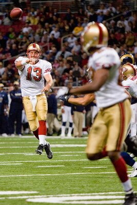 ST. LOUIS, MO - DECEMBER 21:  Shaun Hill #13 of the San Francisco 49ers passes during the game against the St. Louis Rams at the Edward Jones Dome on December 21, 2008 in St. Louis, Missouri. The 49ers won 17-16. (Photo by Dilip Vishwanat/Getty Images) 