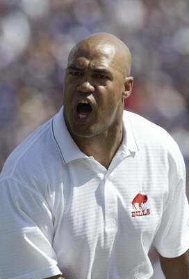ORCHARD PARK, NY - SEPTEMBER 11: Running back  coach Eric Studesville of the Buffalo Bills yells from the sidelines during the game against the Houston Texans  on September 11, 2005 at Ralph Wilson Stadium in Orchard Park, New York. The Bills won 22-7. (P