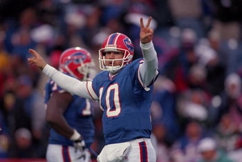 7 Oct 2001:  Alex Van Pelt #10 of the Buffalo Bills celebrates during the game against the New York Jets at the Ralph Wilson Stadium in Orchard Park, New York. The Jets defeated the Bills 42-36.Mandatory Credit: Rick Stewart  /Allsport