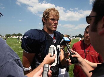 BOURBONNAIS, IL - JULY 30: Greg Olsen #82 of the Chicago Bears, the Bears' first round draft pick, talks to reporters after a summer training camp practice on July 30, 2007 at Olivet Nazarene University in Bourbonnais, Illinois. (Photo by Jonathan Daniel/