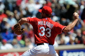 ARLINGTON, TX - APRIL 6:  Pitcher Kevin Millwood #33 of the Texas Rangers throws against the Cleveland Indians during the home opener at Rangers Ballpark April 6, 2009 in Arlington, Texas.  (Photo by Ronald Martinez/Getty Images)
