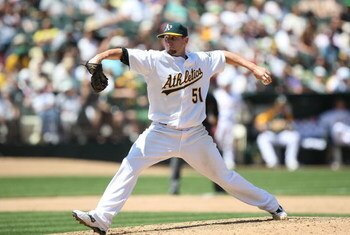 OAKLAND, CA - MAY 10:  Dallas Braden #51 of the Oakland Athletics pitches against the Toronto Blue Jays during a Major League Baseball game on May 10, 2009 at the Oakland Coliseum in Oakland, California.  (Photo by Jed Jacobsohn/Getty Images)