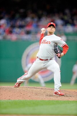 WASHINGTON - APRIL 13:  Brad Lidge #54 of the Philadelphia Phillies pitches against the Washington Nationals at Nationals Park on April 13, 2009 in Washington, DC.  (Photo by Greg Fiume/Getty Images)