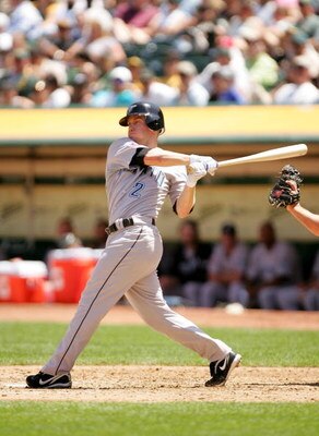 OAKLAND, CA - MAY 09:  Aaron Hill #2 of the Toronto Blue Jays bats against the Oakland Athletics on May 9, 2009 at the Oakland Coliseum in Oakland, California.  (Photo by Ezra Shaw/Getty Images)