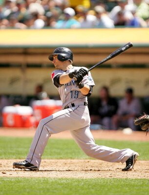 OAKLAND, CA - MAY 09:  Marco Scutaro #19 of the Toronto Blue Jays bats against the Oakland Athletics on May 9, 2009 at the Oakland Coliseum in Oakland, California.  (Photo by Ezra Shaw/Getty Images)