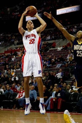 AUBURN HILLS, MI - OCTOBER 29:  Tayshaun Prince #22 of the Detroit Pistons goes up for a shot over Brandon Rush #25 of the Indiana Pacers during the game on October 29, 2008 at the Palace of Auburn Hills in Auburn Hills, Michigan.  The Pistons won 100-94.