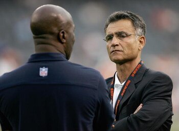 CHICAGO - AUGUST 26:  General Manager Jerry Angelo of the Chicago Bears looks on prior to the game against the Buffalo Bills on August 26, 2005 at Soldier Field in Chicago, Illinois.  The Bears defeated the Bills 16-12.  (Photo by Jonathan Daniel/Getty Im