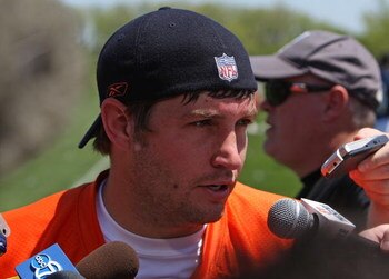 LAKE FOREST, IL - MAY 20: Jay Cutler #6 of the Chicago Bears meets with members of the media following an organized team activity (OTA) practice on May 20, 2009 at Halas Hall in Lake Forest, Illinois.  (Photo by Jonathan Daniel/Getty Images)