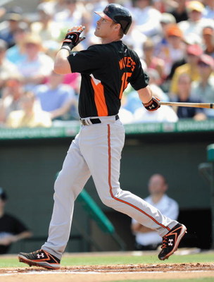 JUPITER, FL - FEBRUARY 27: Matt Wieters #15 of the Baltimore Orioles bats against the Florida Marlins during a spring training game at Roger Dean Stadium on February 27, 2009 in Jupiter, Florida. (Photo by Rob Tringali/Getty Images)