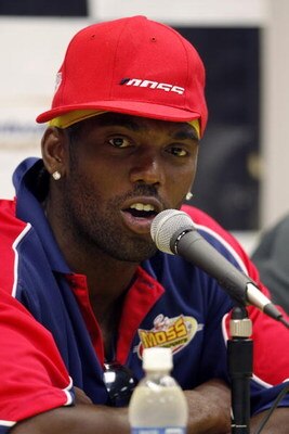 SPARTA, KY - JULY 19:  Randy Moss, owner of the #81 Rascal Flatts Chevrolet truck addresses the media at press conference before the NASCAR Craftsman Truck Series Built Ford Tough 225 at the Kentucky Speedway on July 19, 2008 in Sparta, Kentucky.  (Photo 