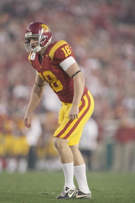 PASADENA, CA - JANUARY 1: David Buehler #18 of the USC Trojans lines up for a kick against the Penn State Nittany Lions on January 1, 2009 at the Rose Bowl in Pasadena, California. USC won 38-24. (Photo by Jeff Golden/Getty Images)