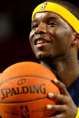 SEATTLE - DECEMBER 1:  Jermaine O'Neal #7 of the Indiana Pacers smiles before the game against the Seattle Sonics on December 1, 2006 at Key Arena in Seattle, Washington. The Sonics won 105-103. NOTE TO USER: User expressly acknowledges and agrees that, b
