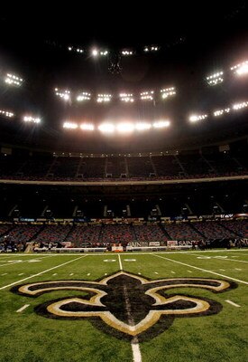 NEW ORLEANS - SEPTEMBER 25:  An interior view of the field showing the New Orleans Saints logo, a fleur-de-lis, in the newly refurbished Superdome prior to the Monday Night Football game between the Atlanta Falcons and the New Orleans Saints on September 