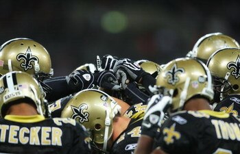 LONDON - OCTOBER 26: New Orleans Saints team huddle during the Bridgestone International Series NFL match between San Diego Chargers and New Orleans Saints at Wembley Stadium on October 26, 2008 in London, England.  (Photo by Stu Forster/Getty Images)