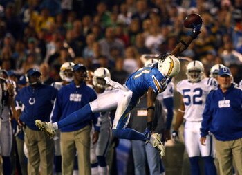SAN DIEGO - NOVEMBER 11:  Antonio Cromartie #31 of the San Diego Chargers reaches to intercept a pass from Peyton Manning #18 of the Indianapolis Colts during the 1st half of their NFL game on November 11, 2007 at Qualcomm Stadium in San Diego, California