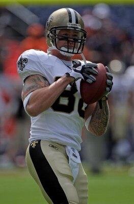 DENVER - SEPTEMBER 21:  Tight end Jeremy Shockey #88 of the New Orleans Saints warms up prior to facing the Denver Broncos during NFL action at Invesco Field at Mile High on September 21, 2008 in Denver, Colorado. The Broncos defeated the Saints 34-32.  (