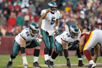 LANDOVER, MD - DECEMBER 21:  Quarterback Donovan McNabb #5 of the Philadelphia Eagles calls the play during the game against the Washington Redskins on December 21, 2008 at FedEx Field in Landover, Maryland.  (Photo by Kevin C. Cox/Getty Images)