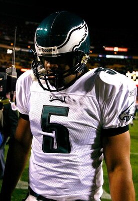 LANDOVER, MD - DECEMBER 21:  Quarterback Donovan McNabb #5 of the Philadelphia Eagles walks off the field after falling 10-3 to the Washington Redskins on December 21, 2008 at FedEx Field in Landover, Maryland.  (Photo by Kevin C. Cox/Getty Images)