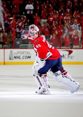 WASHINGTON - MAY 02:  Simeon Varlamov #40 of the Washington Capitals celebrates being named the second star of the game against the Pittsburgh Penguins during Game One of the Eastern Conference Semifinal Round of the 2009 Stanley Cup Playoffs on May 2, 20