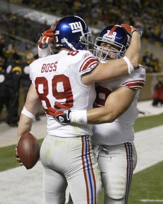 PITTSBURGH - OCTOBER 26: Kevin Boss #89 and Madison Hedgecock #39 of the New York Giants celebrate Boss's game winning touchdown reception against the Pittsburgh Steelers on October 26, 2008 at Heinz Field in Pittsburgh, Pennsylvania. The Giants won 21-14