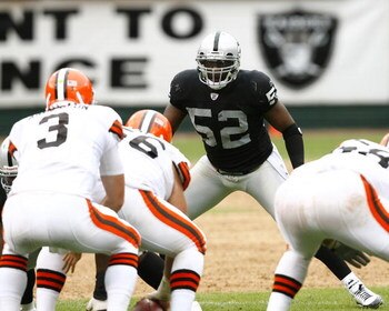 OAKLAND, CA - SEPTEMBER 23:  Linebacker Kirk Morrison #52 of the Oakland Raiders  eyes  Cleveland Browns quarterback Derek Anderson #3 during a 26-24 win at McAfee Coliseum on September 23, 2007 in Oakland, California.  (Photo by Kevin Terrell/Getty Image