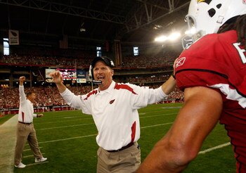 GLENDALE, AZ - JANUARY 18:  Head coach Ken Whisenhunt celebrates after winning the NFC championship game against the Philadelphia Eagles on January 18, 2009 at University of Phoenix Stadium in Glendale, Arizona. The Cardinals defeated the Eagles 32-25 to 