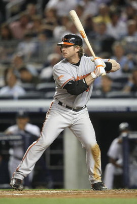 NEW YORK - MAY 21: Gregg Zaun #9 of the Baltimore Orioles at bat against the New York Yankees on May 21, 2009 at Yankee Stadium in the Bronx borough of New York City. (Photo by Nick Laham/Getty Images)