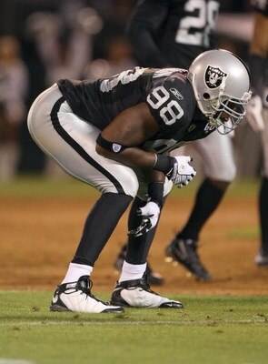 OAKLAND, CA - SEPTEMBER 8:  Jay Richardson #98 of the Oakland Raiders lines up in position during the NFL game against the Denver Broncos on September 8, 2008 at McAfee Coliseum in Oakland, California. The Broncos defeated the Raiders 41-14. (Photo by Jed
