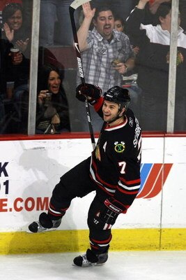 CHICAGO - APRIL 08: Brent Seabrook #7 of the Chicago Blackhawks celebrates a first period goal against the Columbus Blue Jackets on April 8, 2009 at the United Center in Chicago, Illinois. (Photo by Jonathan Daniel/Getty Images)