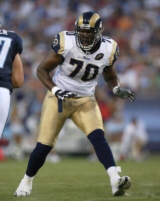 NASHVILLE, TN - AUGUST 09:  Offensive lineman Alex Barron #70 of the St. Louis Rams drops back to block against the Tennessee Titans during a pre-season game at LP Field on August 9, 2008 in Nashville, Tennessee.  (Photo by Doug Benc/Getty Images)