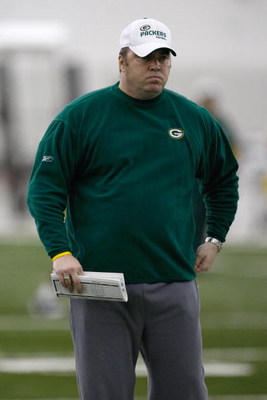 GREEN BAY, WI - MAY 1: Head coach Mike McCarthy watches players participate in practice drills during Green Bay Packers Minicamp at Don Hutson Center on May 1, 2009 in Green Bay, Wisconsin. (Photo by Scott Boehm/Getty Images)