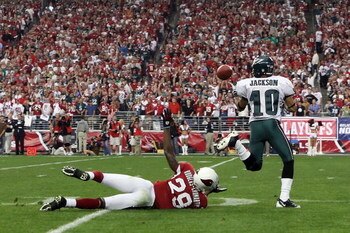GLENDALE, AZ - JANUARY 18:  Wide receiver DeSean Jackson #10 of the Philadelphia Eagles catches a 62-yard touchdown in front of cornerback Dominique Rodgers-Cromartie #29 of the Arizona Cardinals in the fourth quarter during the NFC championship game on J
