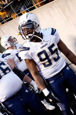 PITTSBURGH - JANUARY 11:  Shaun Phillips #95 of the San Diego Chargers waits in the tunnel before taking the field against the Pittsburgh Steelers during their AFC Divisional Playoff Game on January 11, 2009 at Heinz Field in Pittsburgh, Pennsylvania. Ste