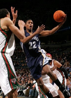 MILWAUKEE - DECEMBER 08:  Rudy Gay #22 of the Memphis Grizzlies drives for a shot attempt against Dan Gadzuric #50 of the Milwaukee Bucks December 8, 2006 at the Bradley Center in Milwaukee, Wisconsin. NOTE TO USER: User expressly acknowledges and agrees 