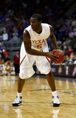 KANSAS CITY, MO - MARCH 16:  Damion James #5 of the Texas Longhorns looks to make a move with the ball against the Kansas Jayhawks during the Big 12 Men's Basketball Tournament Finals on March 16, 2008 at the Sprint Center in Kansas City, Missouri. The Ja