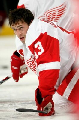 DENVER - MARCH 04:  Pavel Datsyuk #13 of the Detroit Red Wings warms up prior to facing the Colorado Avalanche during NHL action at the Pepsi Center on March 4, 2009 in Denver, Colorado. The Red Wings defeated the Avalanche 3-2.  (Photo by Doug Pensinger/
