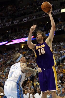 DENVER - MAY 29:  Pau Gasol #16 of the Los Angeles Lakers shoots over Chris Andersen #11 of the Denver Nuggets in the third quarter of Game Six of the Western Conference Finals during the 2009 NBA Playoffs at Pepsi Center on May 29, 2009 in Denver, Colora