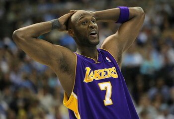 DENVER - MAY 23:  Lamar Odom #7 of the Los Angeles Lakers looks on while taking on the Denver Nuggets in Game Three of the Western Conference Finals during the 2009 NBA Playoffs at Pepsi Center on May 23, 2009 in Denver, Colorado. NOTE TO USER: User expre