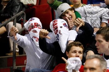 MONTREAL- APRIL 22:  Montreal Canadiens fans gesture during Game Four of the Eastern Conference Quarterfinals of the 2009 Stanley Cup Playoffs between the Montreal Canadiens and Boston Bruins at the Bell Centre on April 22, 2009 in Montreal, Quebec, Canad