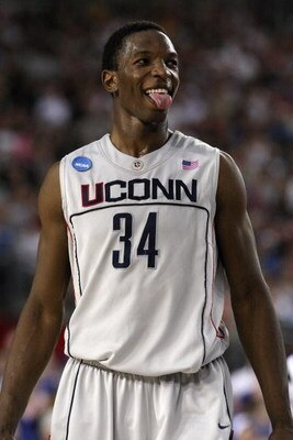 GLENDALE, AZ - MARCH 26:  Center Hasheem Thabeet #34 of the Connenticut Huskies celebrates after defeating the Purdue Boilermakers 72-60 in the Sweet 16 of the NCAA Division I Men's Basketball Tournament at the University of Phoenix Stadium on March 26, 2