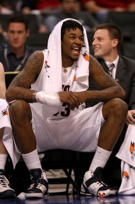 LOS ANGELES, CA - MARCH 12:  Jordan Hill #43 of the Arizona Wildcats laughs from the bench late in the second half of the 2008 Pacific Life Pac-10 Men's Basketball Tournament Day One against the Oregon State Beavers at Staples Center on March 12, 2008 in 