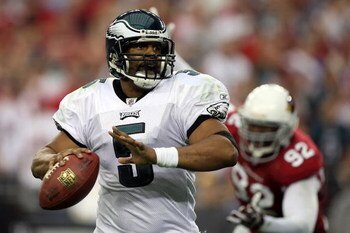 GLENDALE, AZ - JANUARY 18:  Quarterback Donovan McNabb #5 of the Philadelphia Eagles looks to throw the ball during the NFC championship game against the Arizona Cardinals on January 18, 2009 at University of Phoenix Stadium in Glendale, Arizona.  (Photo 